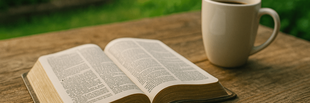 Bible and mug of coffee on a rustic table in garden